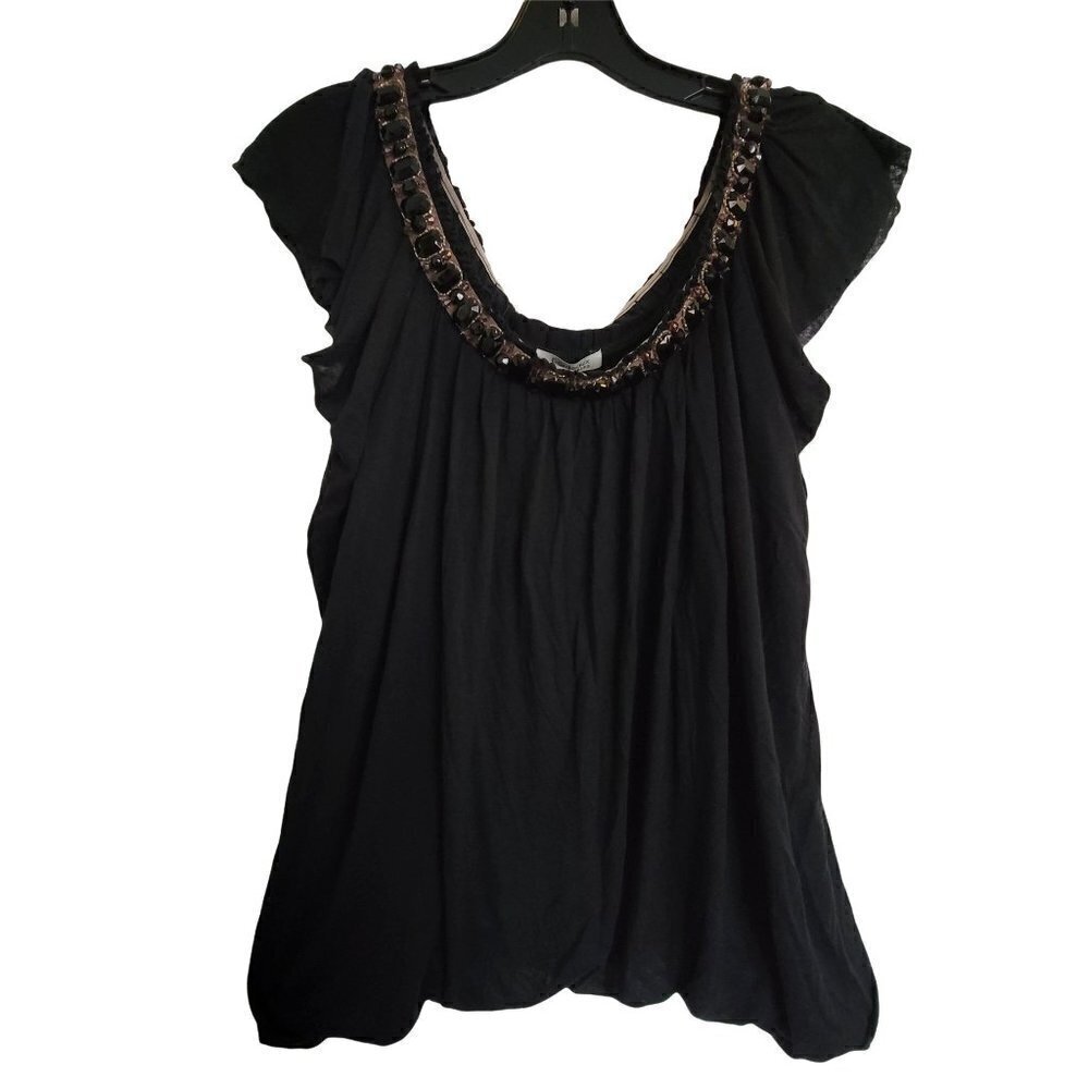 NEW Bordeaux Jewel Beaded Embroidered Scoop Boat Neck Flutter Sleeve Blouse Sm